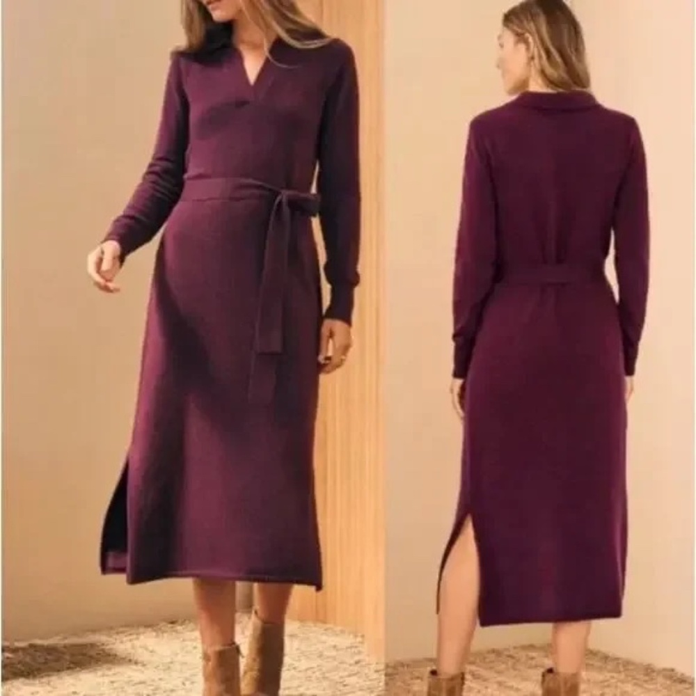Faherty Long-Sleeve Knit Wrap Midi Dress in Deep Plum
